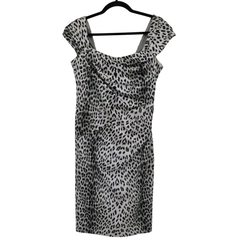 Tadashi Shoji Cheetah Print Dress Womens 6 White Mob Wife Glam‎ Trendy Timeless